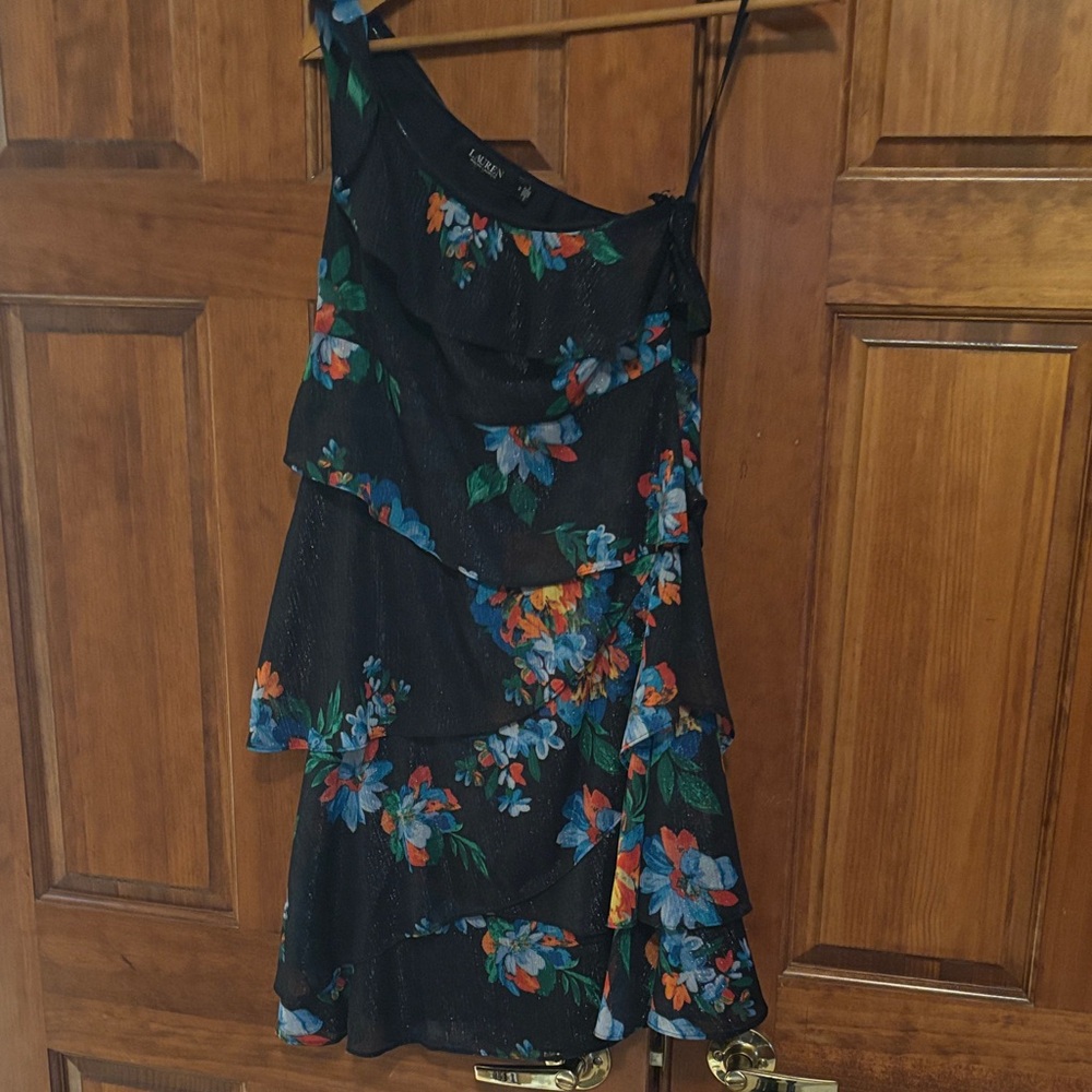 Ralph Lauren Black One-Shoulder Floral Ruffle Dress